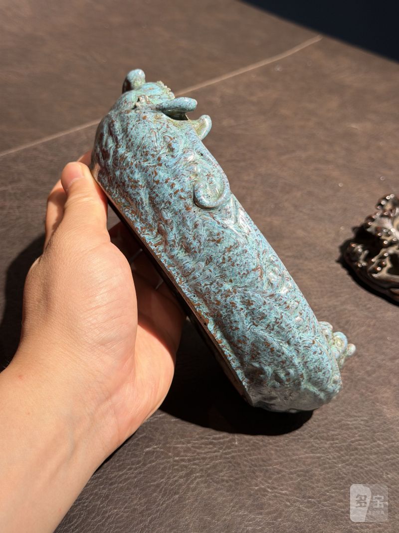 清雍正 炉钧釉海水蟠龙灵芝如意洗（配木座） - 图12